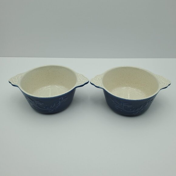Pfaltzgraff Weir In Your Kitchen Chicory Lugged Soup Bowls Blue Handled Ramekins - Picture 2 of 8